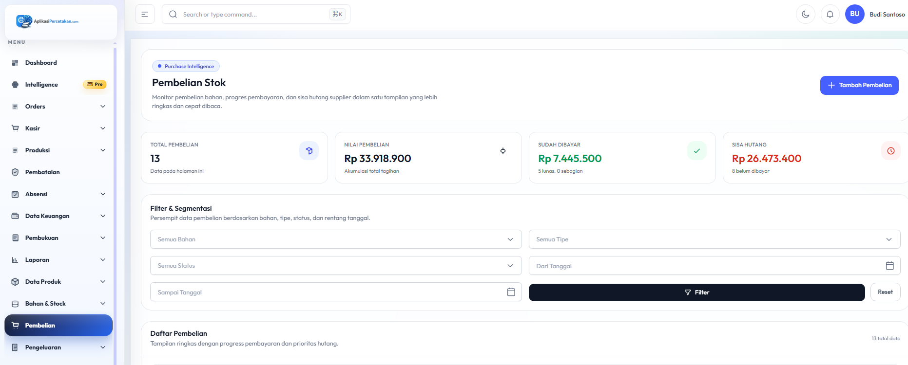 Halaman Pembelian Stok